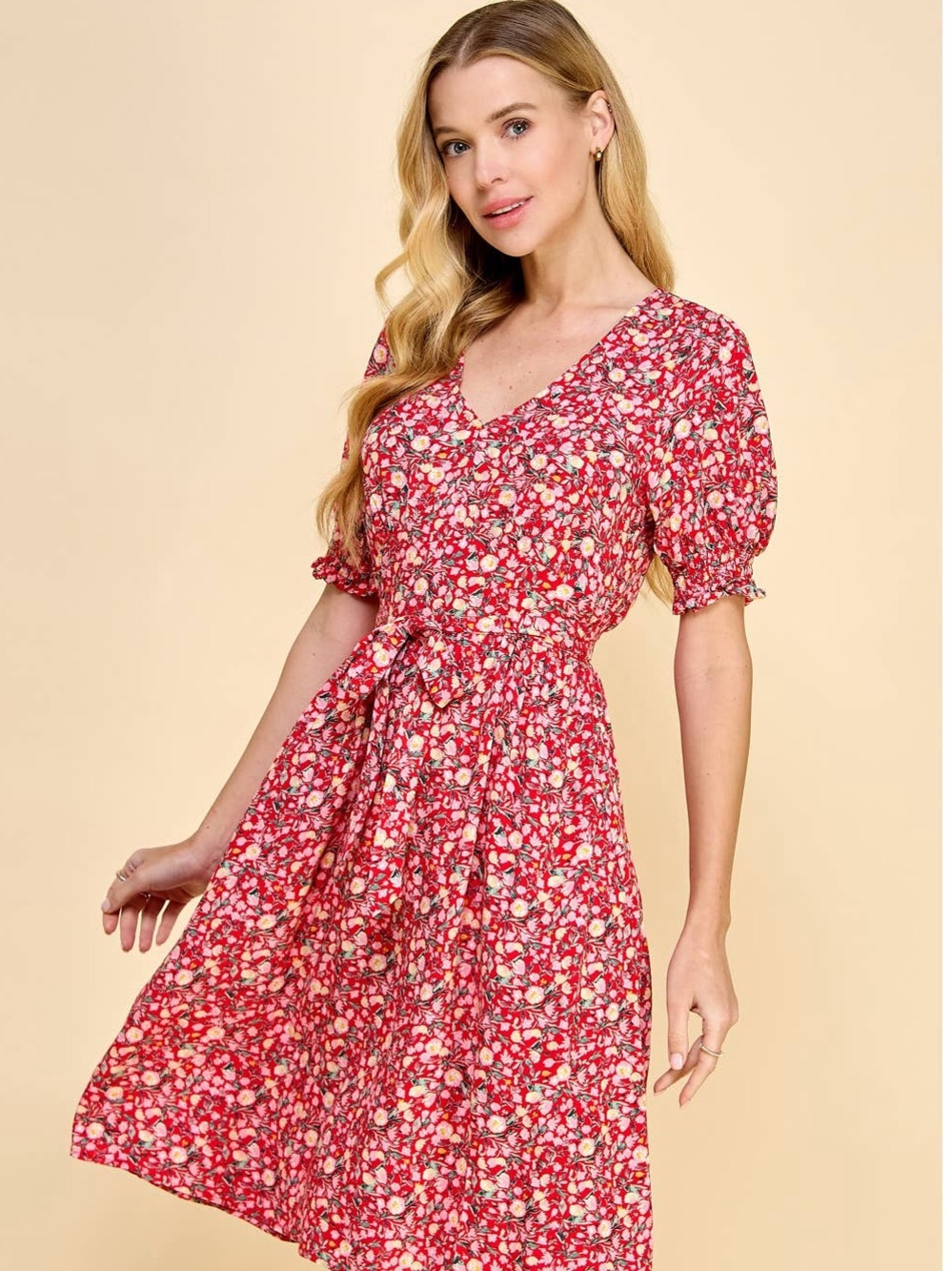 Luxology Women Red Floral Rayon A-Line Cutout Dress Size L Large Puff Sleeve Tie